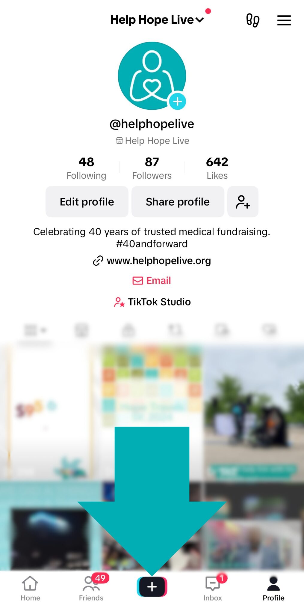 A screenshot of where to create a new post on the TikTok app using the plus sign + icon.