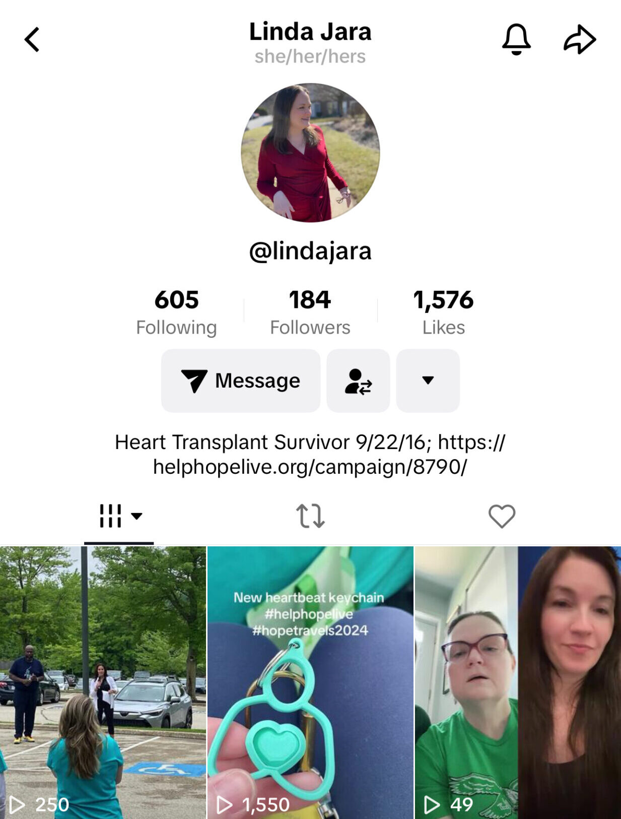 A TikTok profile for @lindajara with a Help Hope Live Campaign Page link in text form in the bio.