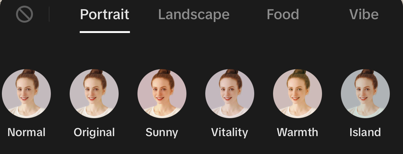 A screenshot of video filter options to add to TikTok videos in the app.