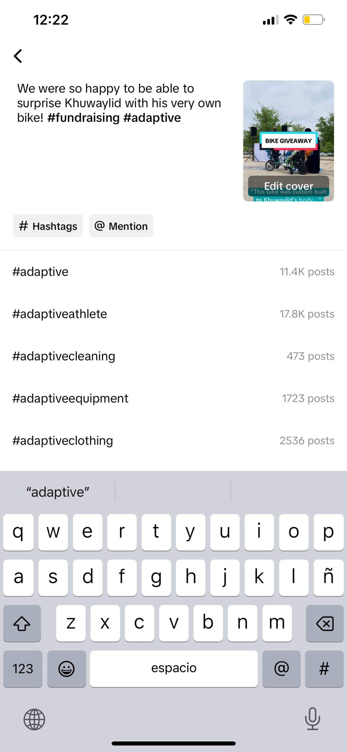 A screenshot of a TikTok post in progress with a search feature to find trending hashtags.