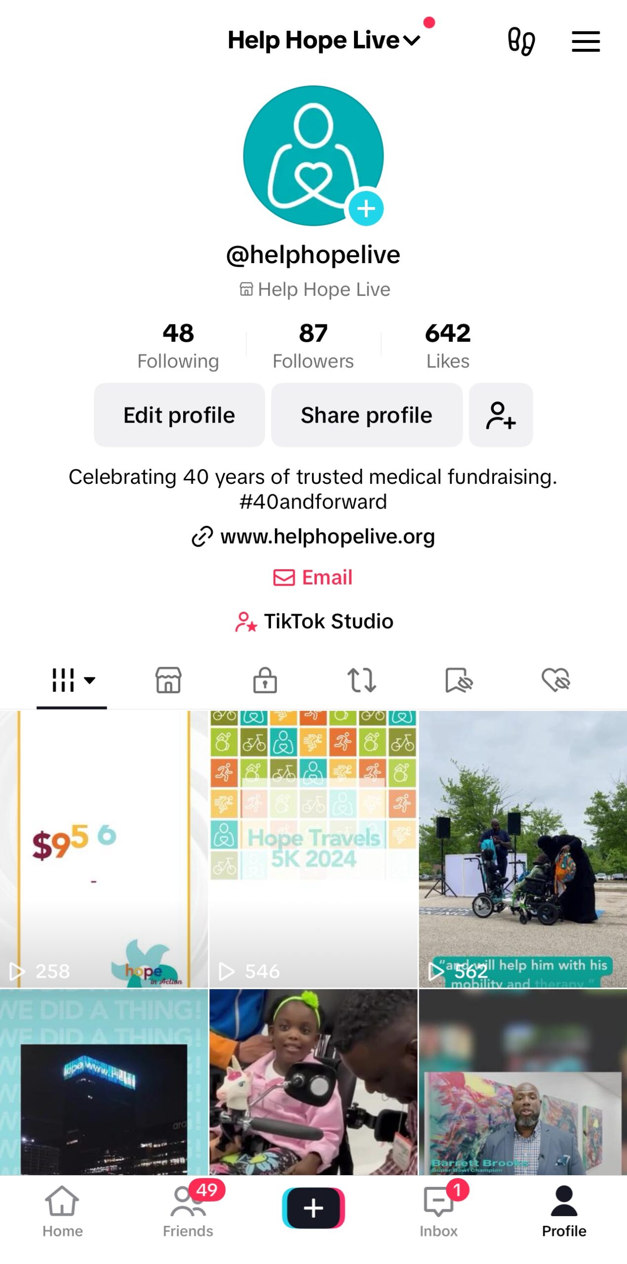 A screenshot of the TikTok profile for Help Hope Live @helphopelive