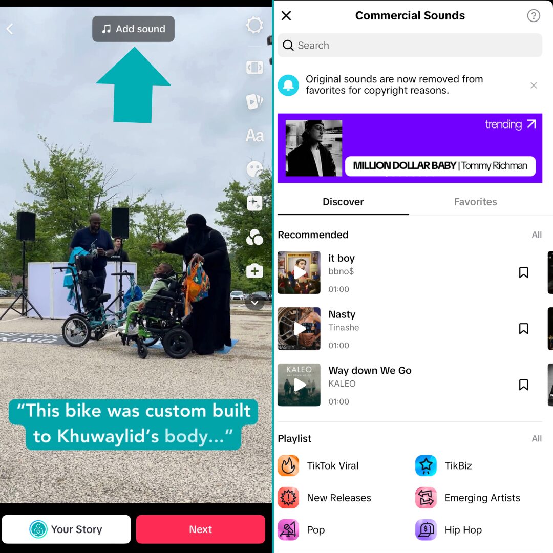 Two screenshots from TikTok showing how to select the Add Sound button on a video and how to browse music and sound options.