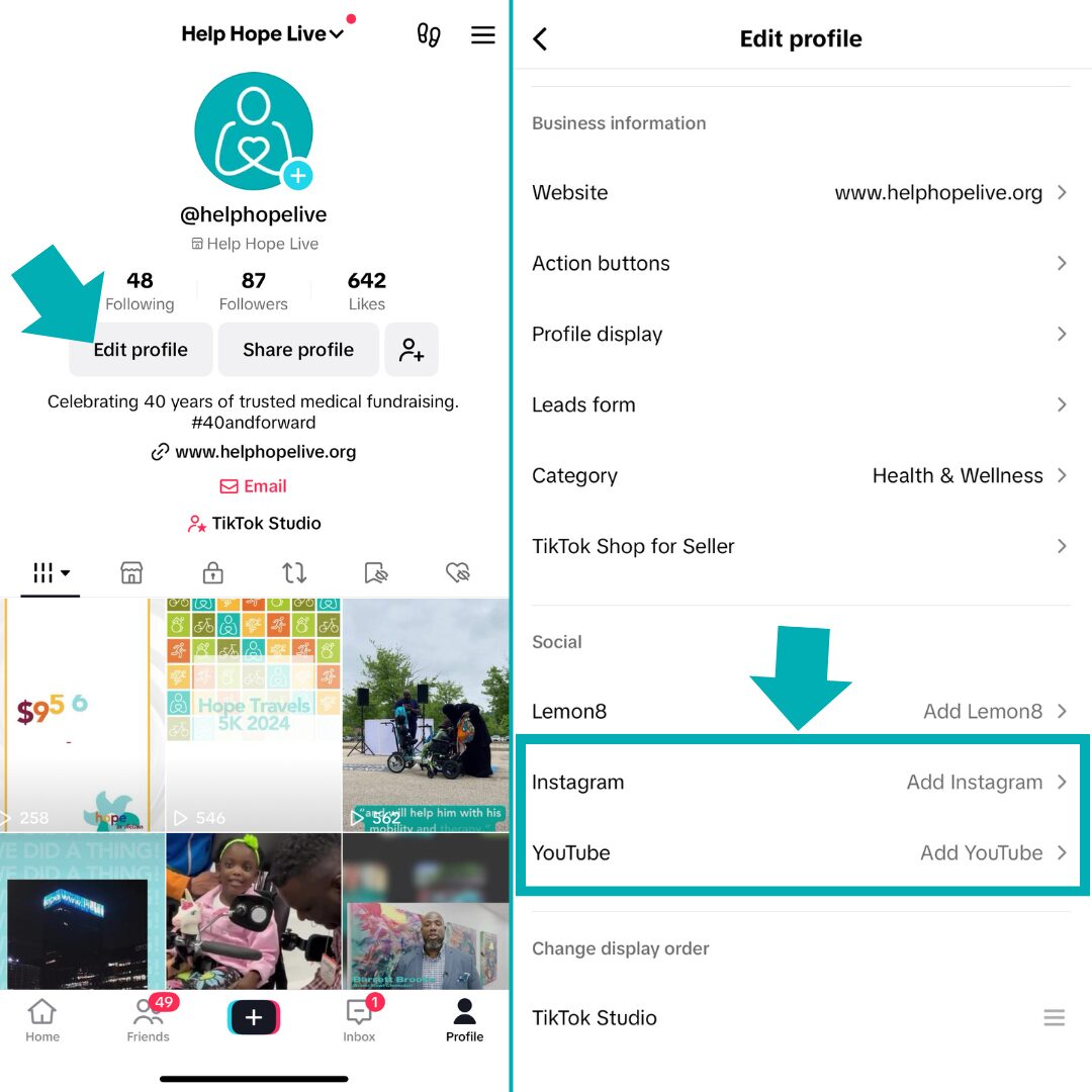 Screenshots showing how to connect accounts in the TikTok app by selecting Edit Profile and then Add Instagram or add YouTube.