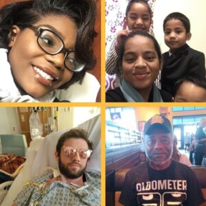 Four images of Help Hope Live fundraising clients who received a transplant in May 2024. Clockwise from top left, the first is Nia Johnson who has brown skin, brown hair styled in a wave, brown eyes, and black glasses. The second is Hemity Ami, who has brown skin, dark eyes, black hair pulled back, and three young children around her, all with brown skin and dark hair - one girl and two boys. The third is James Frank Davis, pictured seated in a restaurant booth with brown skin, a gray and black beard, dark eyes, a ball cap, and a humorous t-shirt that reads OLDOMETER. The fourth is Alex Stone, lying in a hospital bed wearing a hospital gown with tubes attached to his body. He has light skin, a dark beard, short brown hair, and mirrored amber sunglasses that reflect two loved ones in the room taking photos of Alex on their phones.