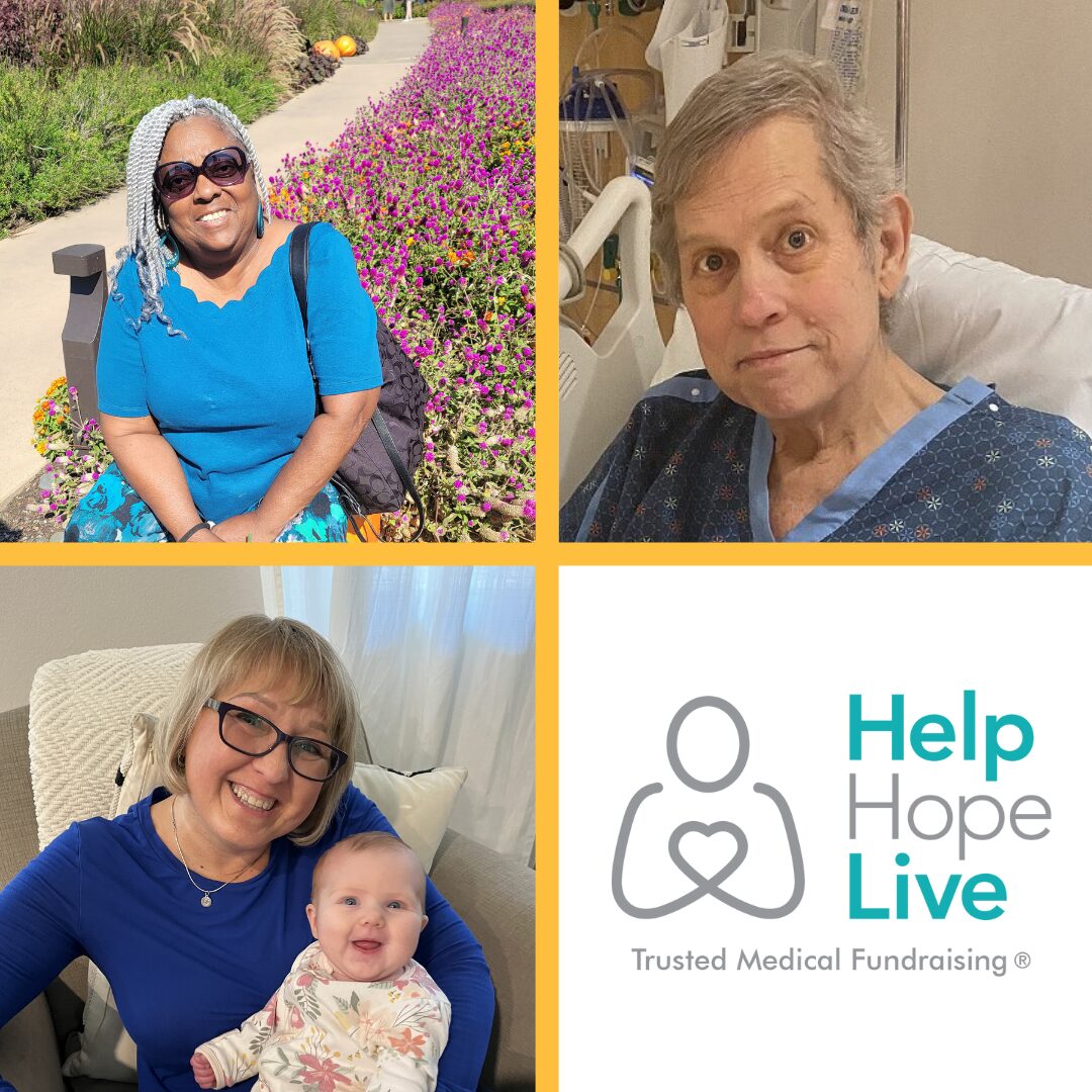 3 people who got transplants in June 2024. A woman with brown skin and gray braided hair, a man with light skin and gray hair, and a woman with short blonde hair, light skin, and a baby on her lap. Logo Help Hope Live Trusted Medical Fundraising.