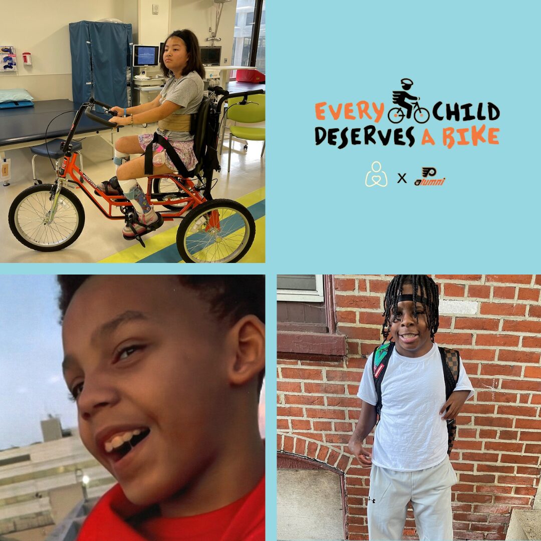 Every Child Deserves a Bike Flyers Alumni and Help Hope Live logo with photos of 3 adaptive bike recipients.