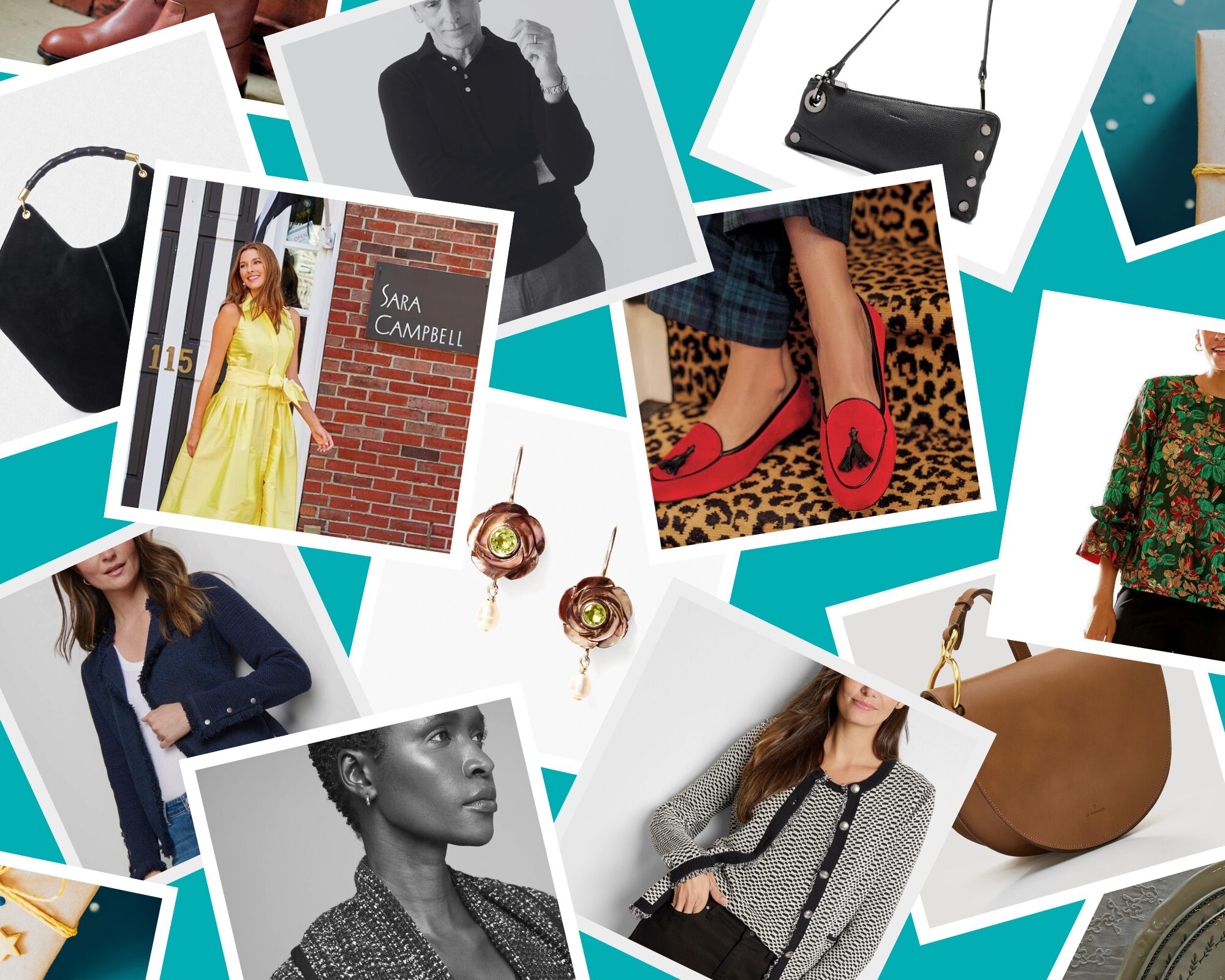 A collage of high-end apparel items, bags, earrings, and shoes from brands Nic+Zoe, J. McLaughlin, and Sara Campbell.