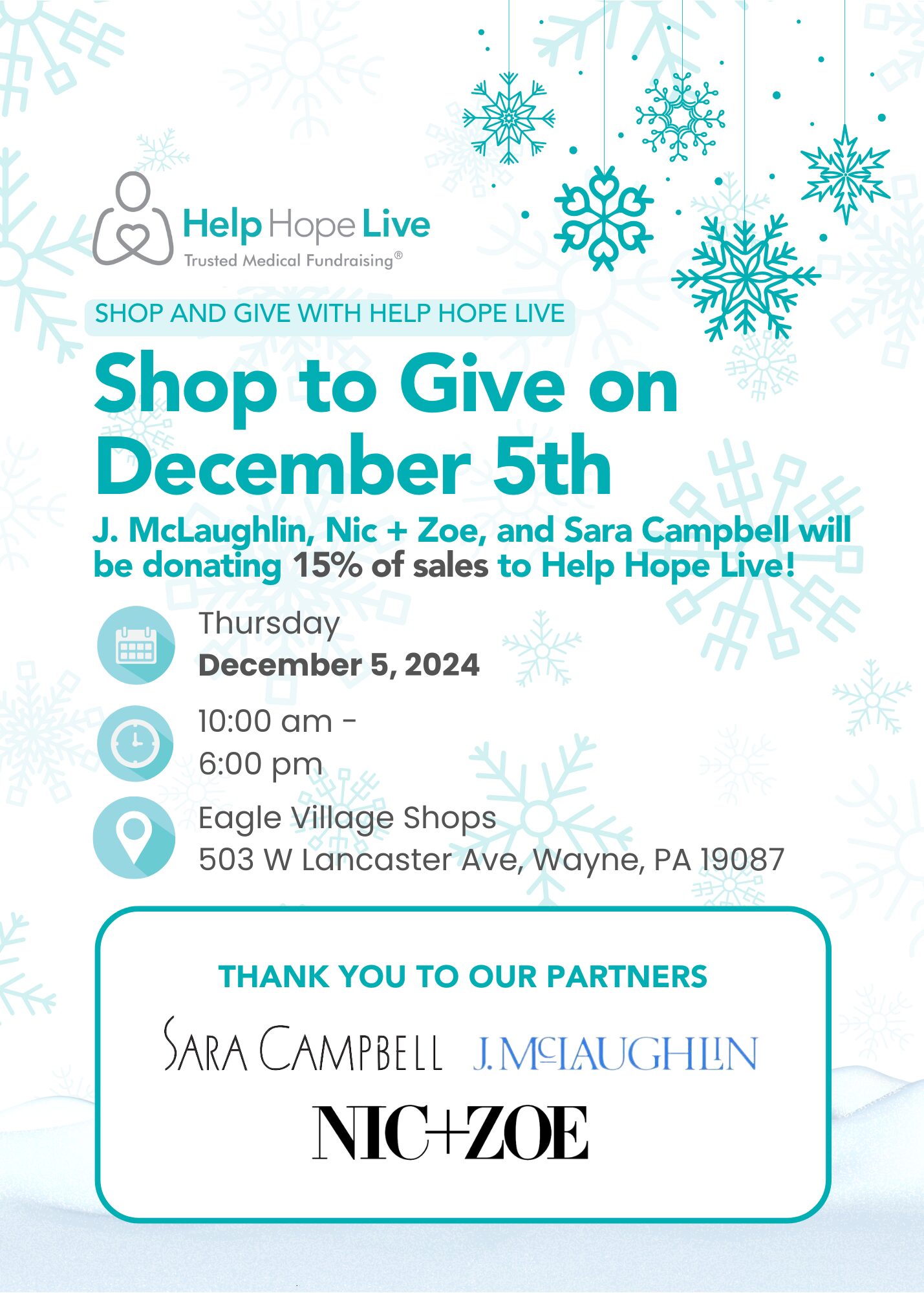 A flyer advertising a Help Hope Live shopping day on Dec 5 from 10 am to 6 pm at Eagle Village Shops in Wayne PA with Nic+Zoe, J. McLaughlin, and Sara Campbell.