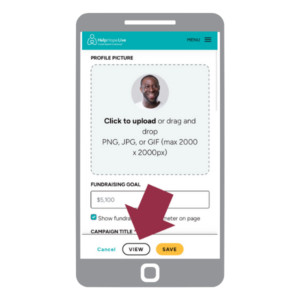 Smartphone graphic displaying a Help Hope Live Campaign Editor screen.