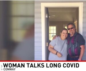 David Stoddard and Rosemary Stoddard in the doorway of a home on news coverage that reads Woman Talks Long COVID - Conway.