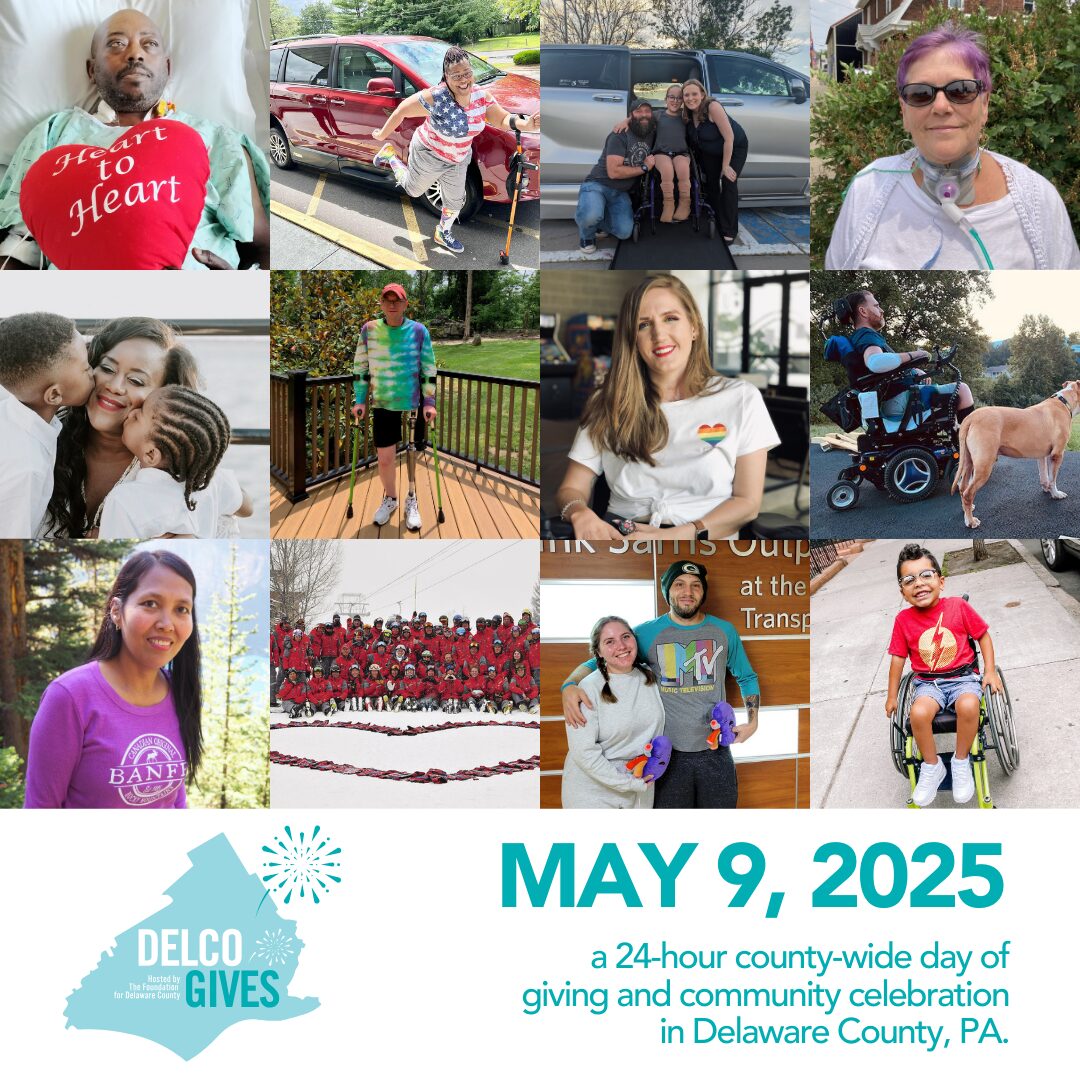 Delco Gives is May 9, 2025 - a 24 hour county-wide day of giving and community celebration in Delaware County, PA. Graphic includes images of Help Hope Live patients.