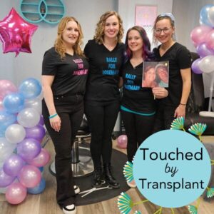 Four women in a hair salon including Jessica Stoddard at fundraiser in honor of Rosemary Stoddard with Rally for Rosemary t-shirts.