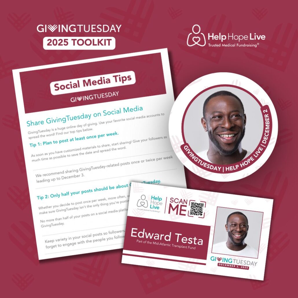 Samples of GivingTuesday 2025 customized materials provided by Help Hope Live with the title GivingTuesday 2025 Toolkit.
