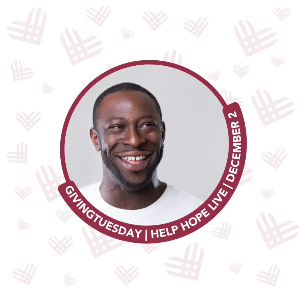 A 2025 GivingTuesday customized picture frame from Help Hope Live reads GivingTuesday December 2. There is a sample client photo inside.