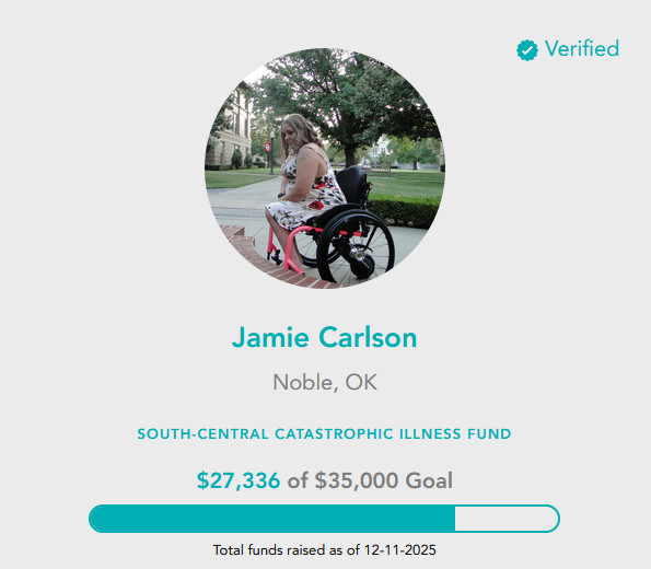 Screenshot of Jamie Carlson's Help Hope Live Campaign Page shows $27,336 raised towards a $35,000 goal as of 12-11-2025.