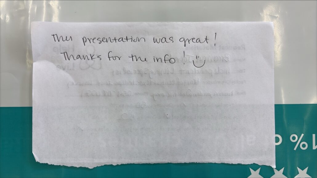A handwritten note says The presentation was great! Thanks for the info!