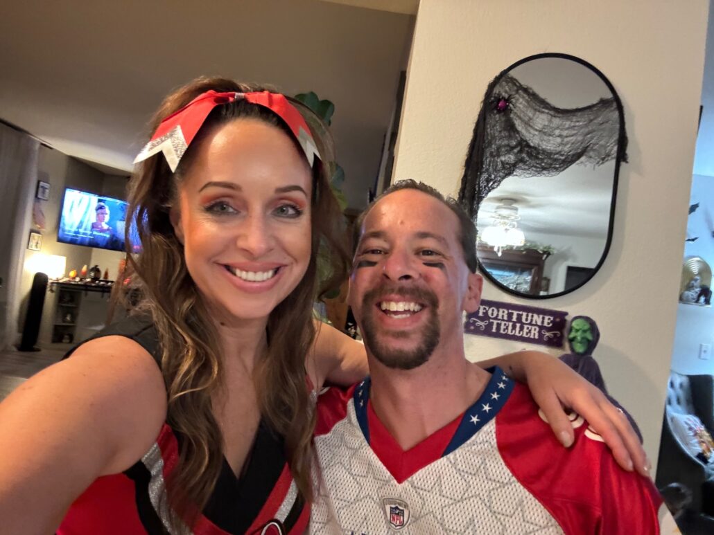 A selfie with Shawna and Jason Ellefson dressed for Halloween - Shawna is a cheerleader.