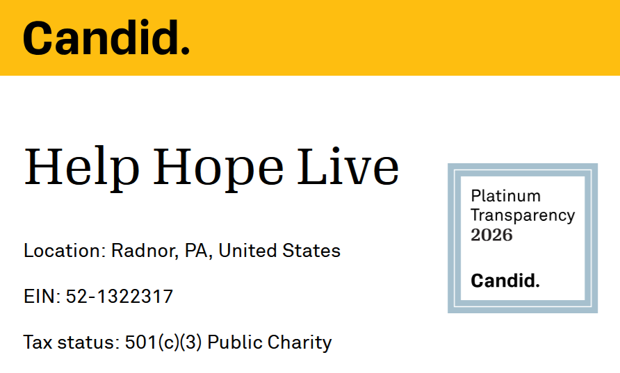 Screenshot of the Candid profile for Help Hope Live including EIN number and the Platinum Transparency Seal for 2026.