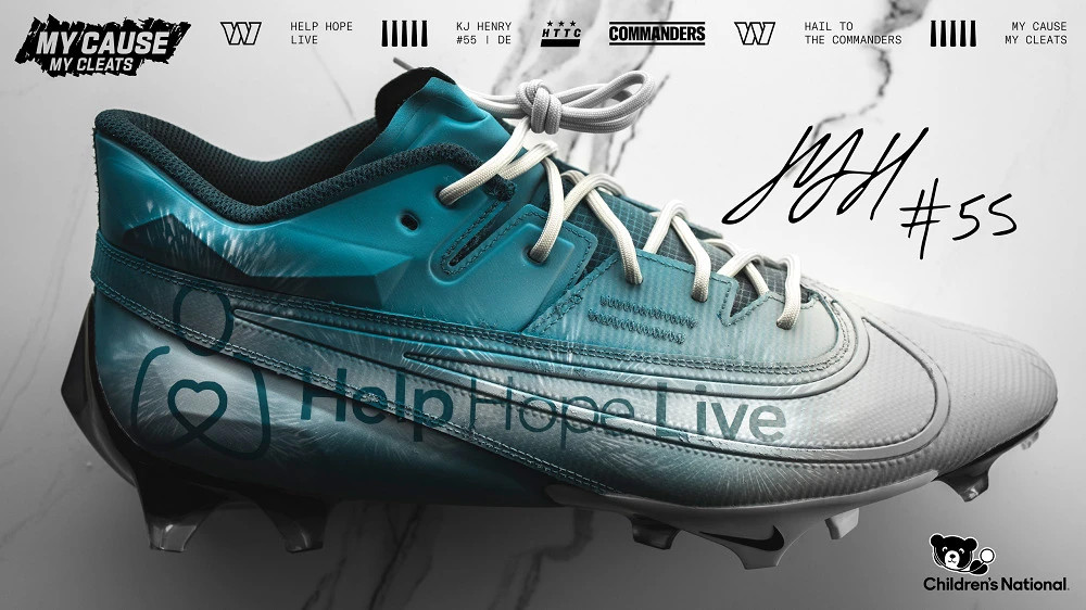 Help Hope Live teal and white cleats for My Cause My Cleats with KJ Henry.