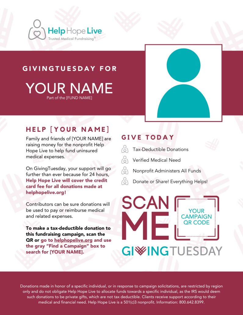 Sample GivingTuesday flyer from Help Hope Live for December 1, 2026 which includes information on how to make a donation.