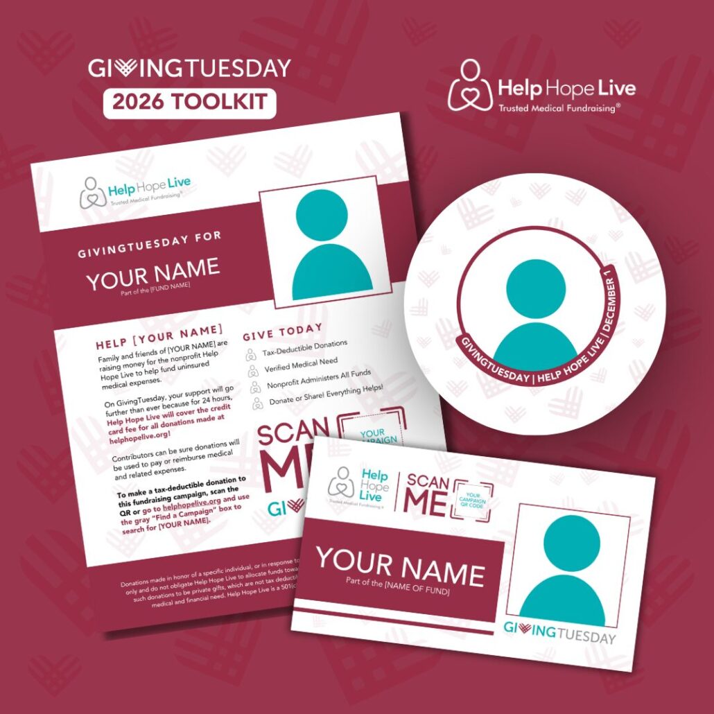 Sample flyer, business card, and campaign picture from Help Hope Live from the 2026 GivingTuesday Toolkit.