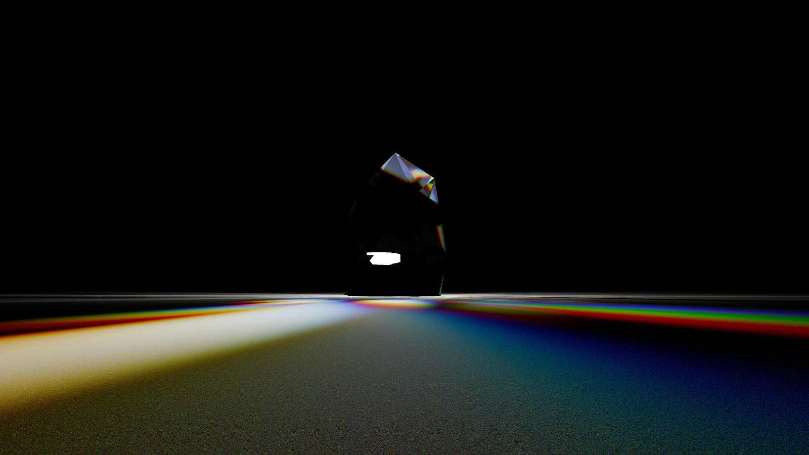 Forma di vetro in controluce su un pavimento riflettente, luce dispersa in strisce
