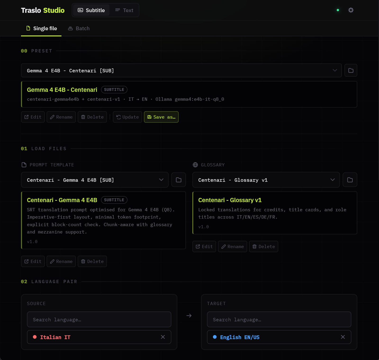 Traslo Studio con il preset di Centenari caricato: modello di prompt e una coppia italiano-inglese