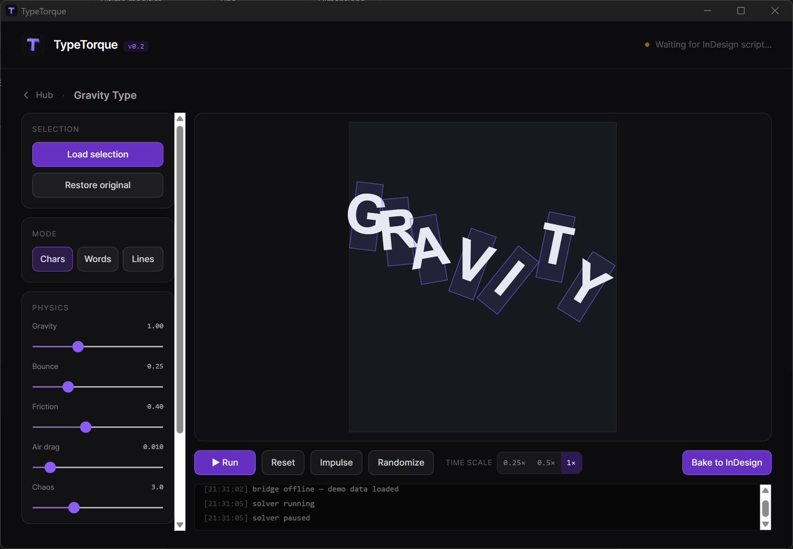 Gravity Type di TypeTorque: le lettere di GRAVITY cadono nella simulazione