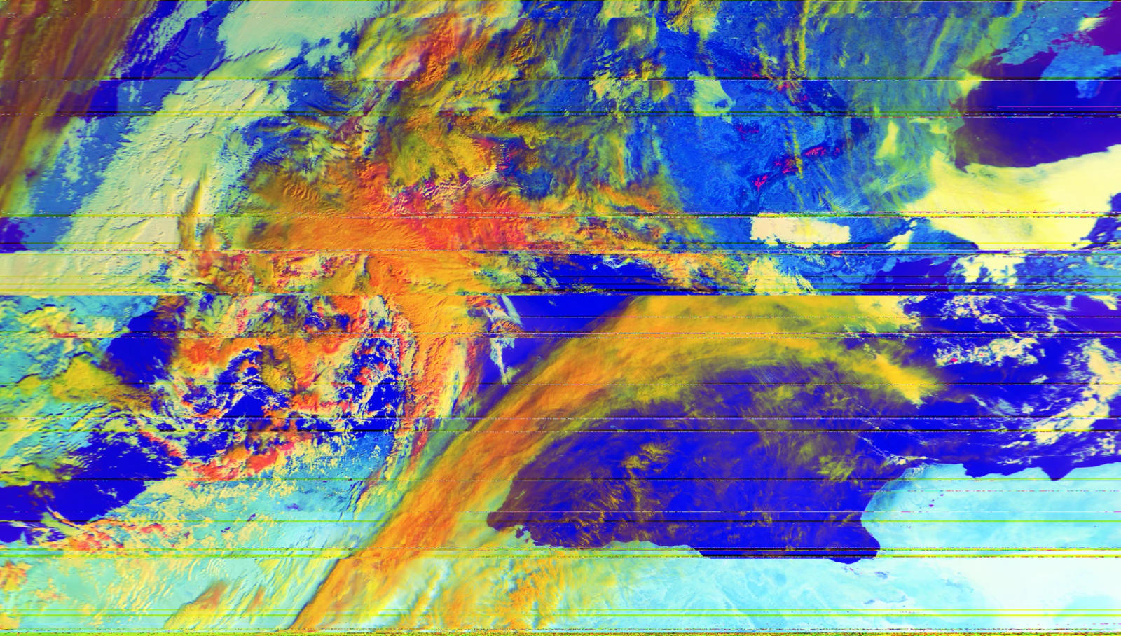 Perturbazione con l'occhio a spirale, in falsi colori, ricevuta da un satellite meteo