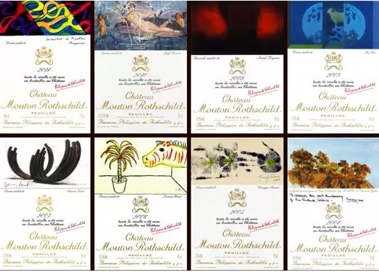 一系列木桐堡的藝術酒標，展示了不同年份的獨特設計