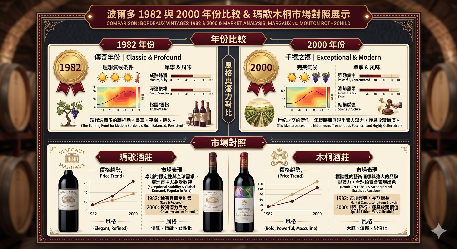 波爾多 1982 與 2000 年好年份比較與瑪歌木桐市場對照展示