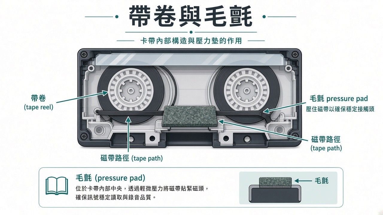 卡帶底部壓帶毛氈與頂部凹槽,用來分辨磁帶規格與防寫狀態