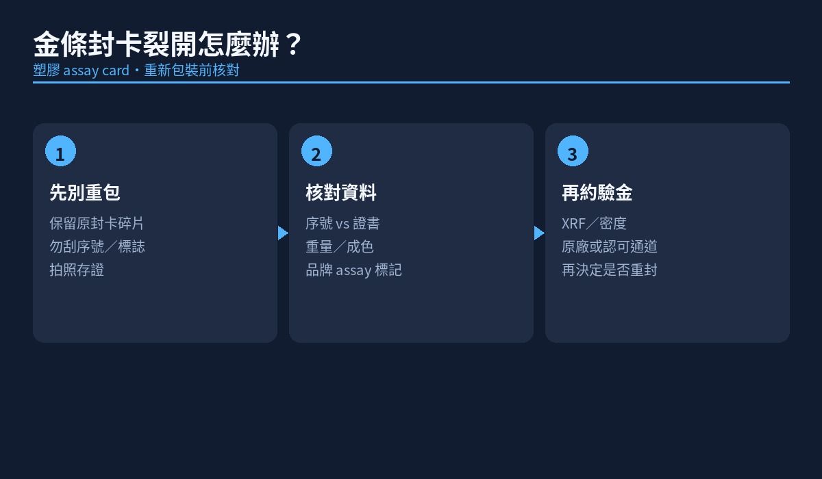 裂開的金條塑膠封卡連同本體放入保護軟套，沒有使用膠水黏合