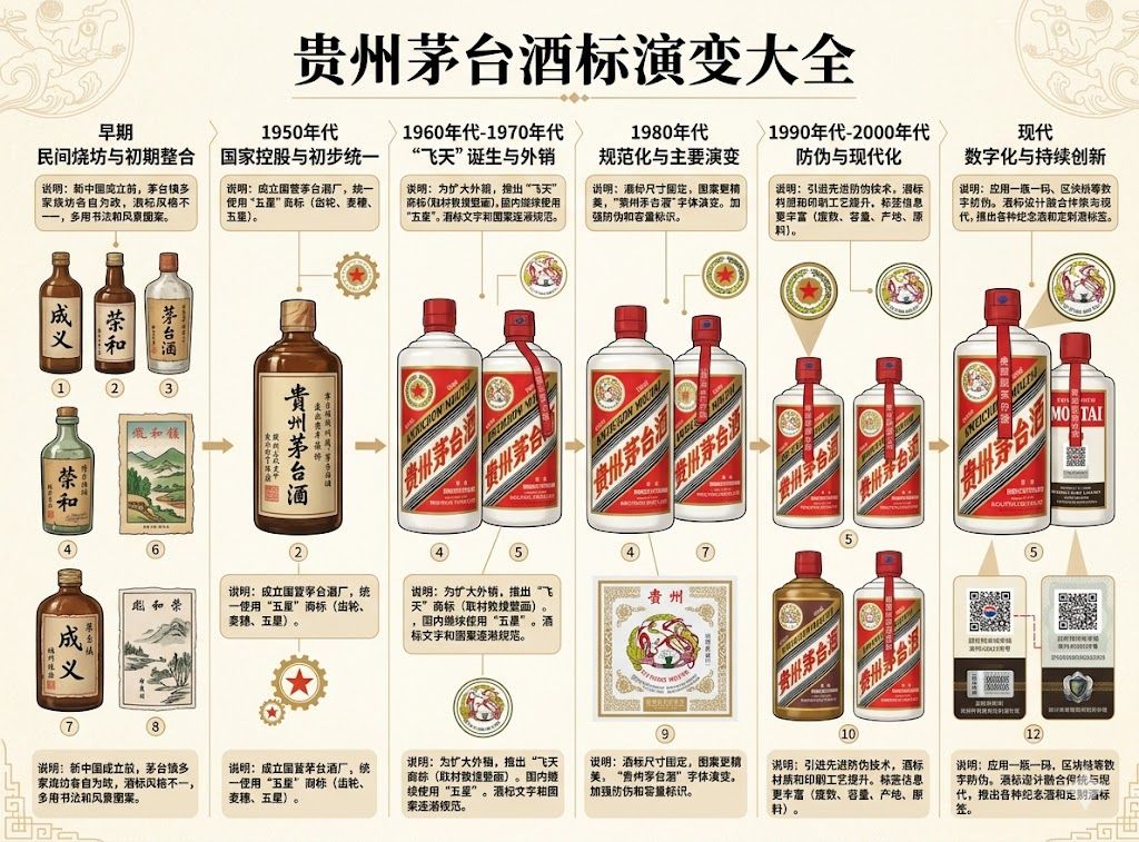 五星飛天葵花茅台 Logo 演進與年份辨識展示