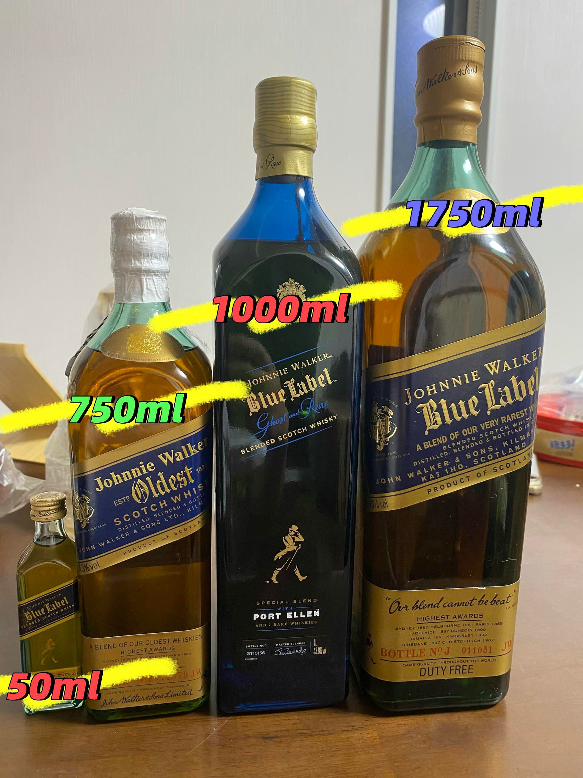 700mL、750mL與1L威士忌及各自外盒並列，按實瓶容量標示比較規格