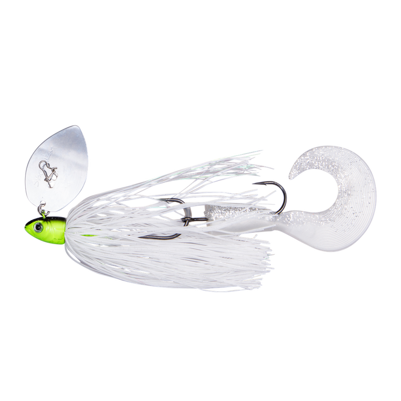 Svartzonker McShaker Pike 50 g bladed jig för gäddfiske med vibrerande blad och handbunden silikonkjol