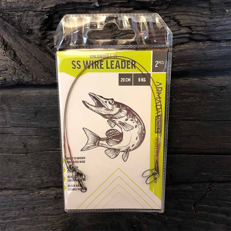 Två färdiga tafsar från Armada med 19-trådig rostfri o-coated wire, kullagerlekande och Black Cross beteslås – 2-pack för enkel, snabb och säker montering vid predatorfiske.