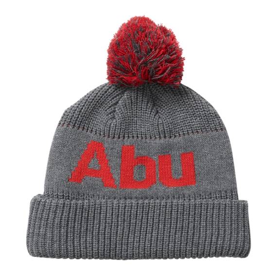 Abu Bubble Beanie i röd och grå färg med stickad design och tofs upptill.
