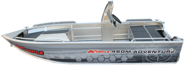 Kimple 460M Adventure aluminiumbåt sedd från sidan på lugnt vatten