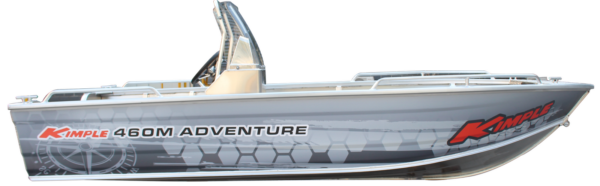 Kimple 460M Adventure aluminiumbåt sedd från sidan på lugnt vatten