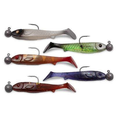 Flatnose Mini 9cm färdigriggad jigg 5-pack för klart vatten med naturliga färger för abborre och gös