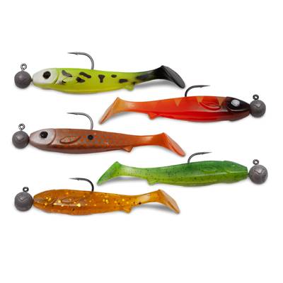 Flatnose Mini 9cm färdigriggad jigg 5-pack för grumligt vatten med hög synlighet och gång för abborre och gös