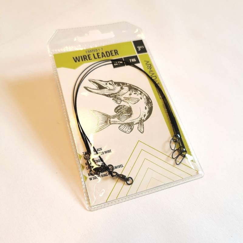 Svarta oöverdragna 7x7-wiretafsar på 20 cm med lekande och snap, förpackade i 3-pack och anpassade för gäddfiske och stark predatorriggning.