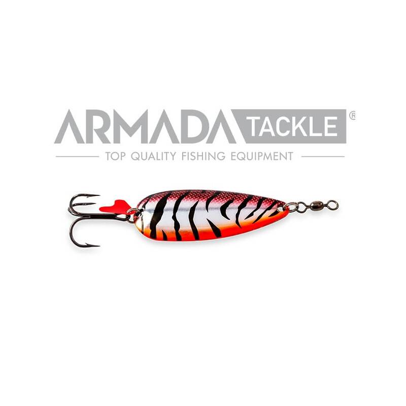Armada Zebra Spoon 20 g skeddrag med tydligt zebramönster, bred wobblergång och sylvass krok, designat för predatorfiske i både sjö och kustvatten.