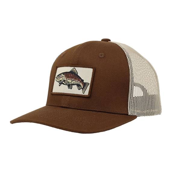 Hurricane Brown Trout Patch Trucker Hat keps med öringmotiv och ventilerande mesh för fiske och outdoor
