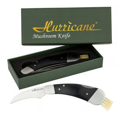 Hurricane Svampkniv Select med böjt blad, svart handtag, borste och presentask.