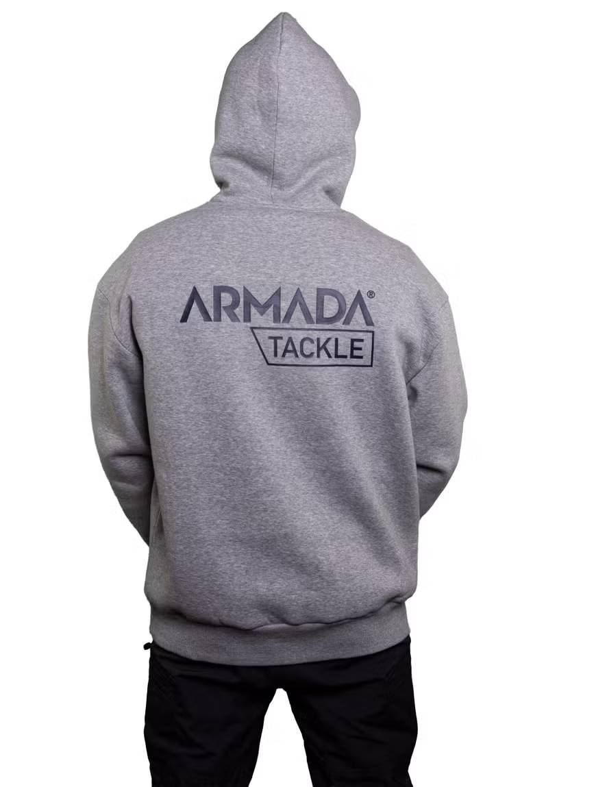 Armada Tackle Hoody Grey grå fiskehoodie med huva och logotyp för sportfiske och fritidsbruk.