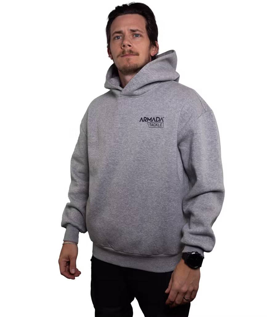 Armada Tackle Hoody Grey grå fiskehoodie med huva och logotyp för sportfiske och fritidsbruk.