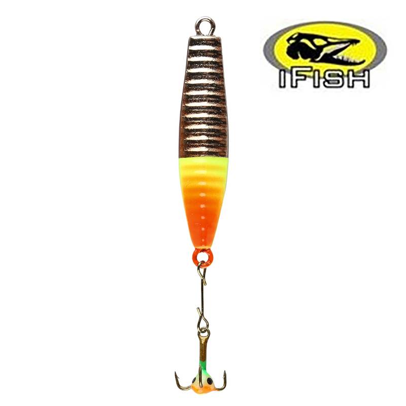 IFISH Kenta 40 mm SKFL vertikalpirk – räfflad pirk med lystrekrok, silver/koppar/fluofärg, avsedd för abborrfiske.