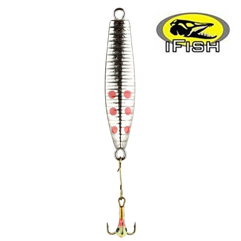 IFISH Kenta 40 mm SDOT vertikalpirk – räfflad pirk med lystrekrok, silver med röda prickar/ljusreflekterande finish för abborrfiske